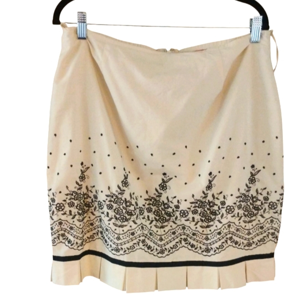 Vintage Oscar De La Renta Flare Fringed Skirt Ivory And Black Floral Size 14 P